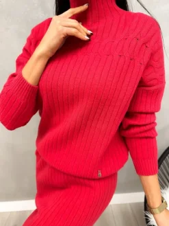Czerwony Sweterkowy Komplet ze Spódnicą 13206-247-E|Modna Kiecka Outlet