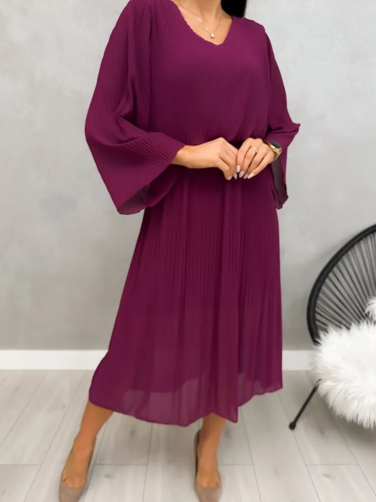 Fioletowa Plisowana Sukienka Midi 13192-401-F|Modna Kiecka Sale