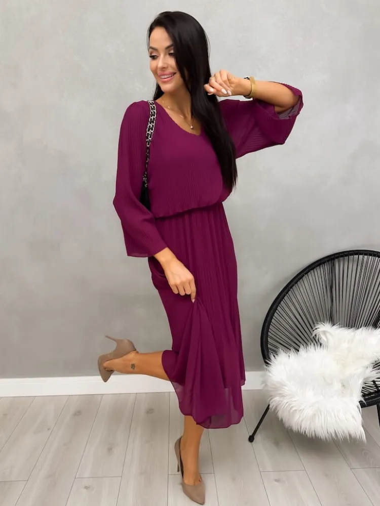 Fioletowa Plisowana Sukienka Midi 13192-401-F|Modna Kiecka Sale
