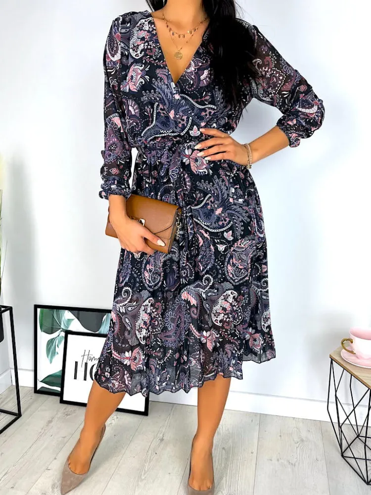 Fioletowa Plisowana Sukienka ze Wzorem 11831-353-A|Modna Kiecka Fashion
