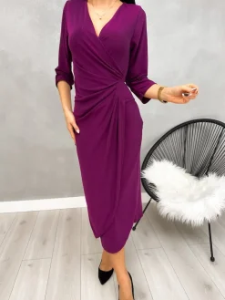 Fioletowa Połyskująca Sukienka z Marszczeniem 13212-289-D|Modna Kiecka Fashion