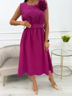 Fioletowa Sukienka z Broszką i Paskiem 13878-284-C|Modna Kiecka Outlet