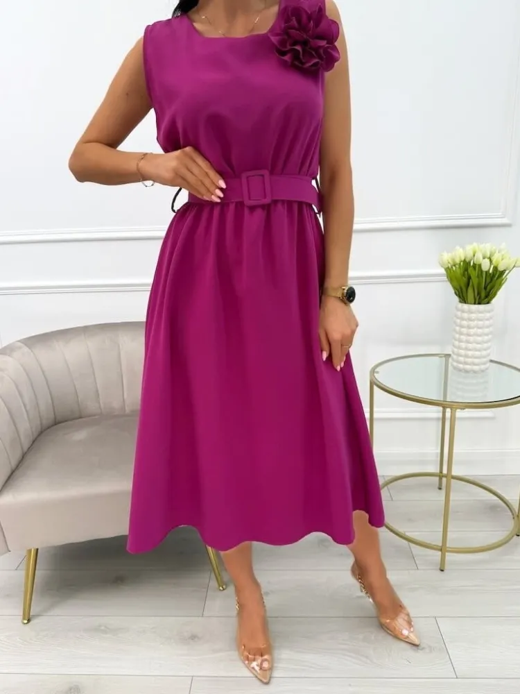Fioletowa Sukienka z Broszką i Paskiem 13878-284-C|Modna Kiecka Outlet
