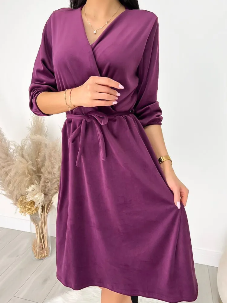 Fioletowa Welurowa Sukienka z Paskiem 9258-335-E|Modna Kiecka Fashion