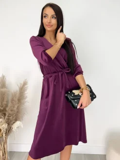 Fioletowa Welurowa Sukienka z Paskiem 9258-335-E|Modna Kiecka Fashion