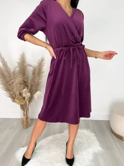 Fioletowa Welurowa Sukienka z Paskiem 9258-335-E|Modna Kiecka Fashion