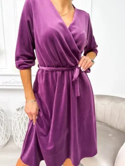 Fioletowa Welurowa Sukienka z  Paskiem 11275-246-C|Modna Kiecka Sale