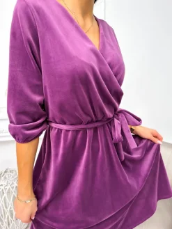 Fioletowa Welurowa Sukienka z  Paskiem 11275-246-C|Modna Kiecka Sale