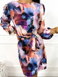 Fioletowo-Beżowa Sukienka z Paskiem 12841-353-B|Modna Kiecka Fashion