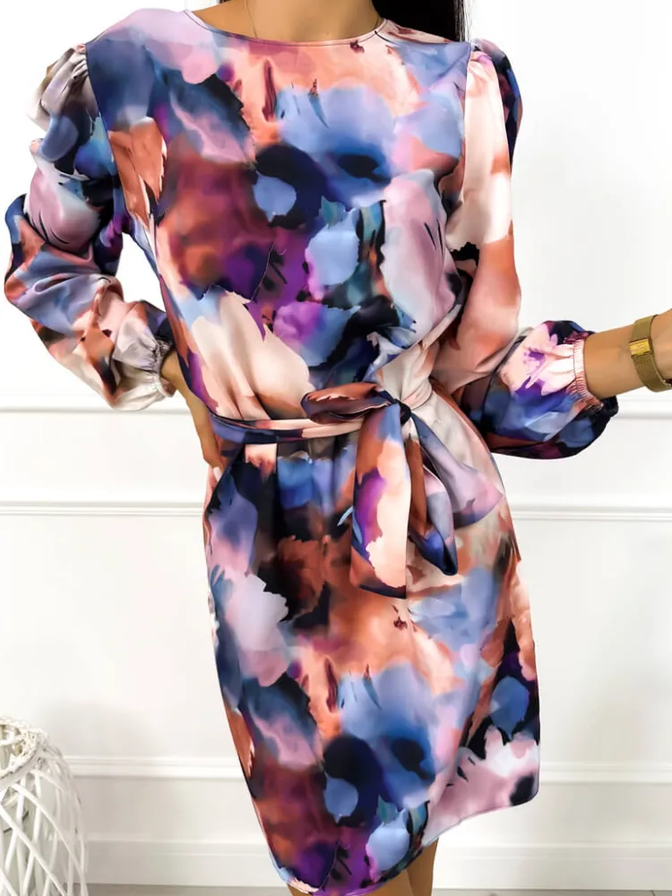 Fioletowo-Beżowa Sukienka z Paskiem 12841-353-B|Modna Kiecka Fashion