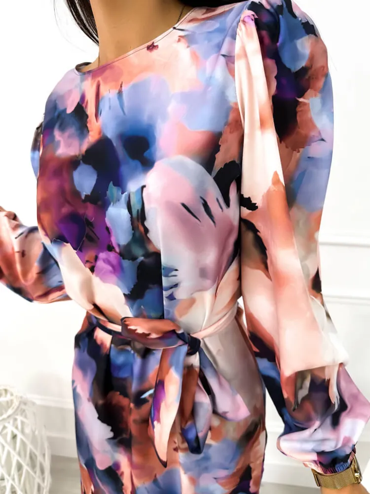 Fioletowo-Beżowa Sukienka z Paskiem 12841-353-B|Modna Kiecka Fashion