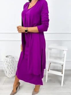 Fioletowy Komplet Sukienka + Kardigan 12877-101-E|Modna Kiecka Online