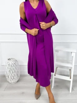 Fioletowy Komplet Sukienka + Kardigan 12877-101-E|Modna Kiecka Online