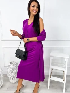 Fioletowy Komplet Sukienka + Kardigan 12877-101-E|Modna Kiecka Online