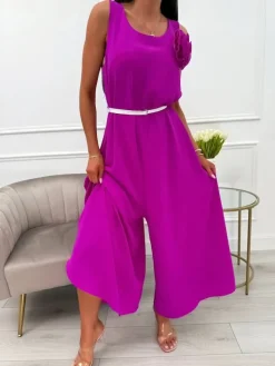 Fioletowy Luźny Kombinezon z Ozdobną Broszką 13942-321-D|Modna Kiecka Fashion