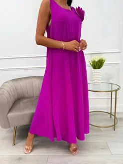 Fioletowy Luźny Kombinezon z Ozdobną Broszką 13942-321-D|Modna Kiecka Fashion