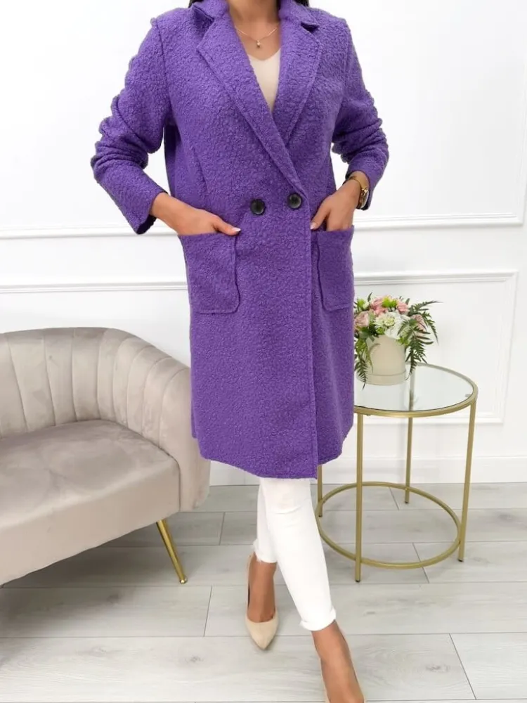 Fioletowy Płaszcz z Kieszeniami 10793-280-J|Modna Kiecka Outlet