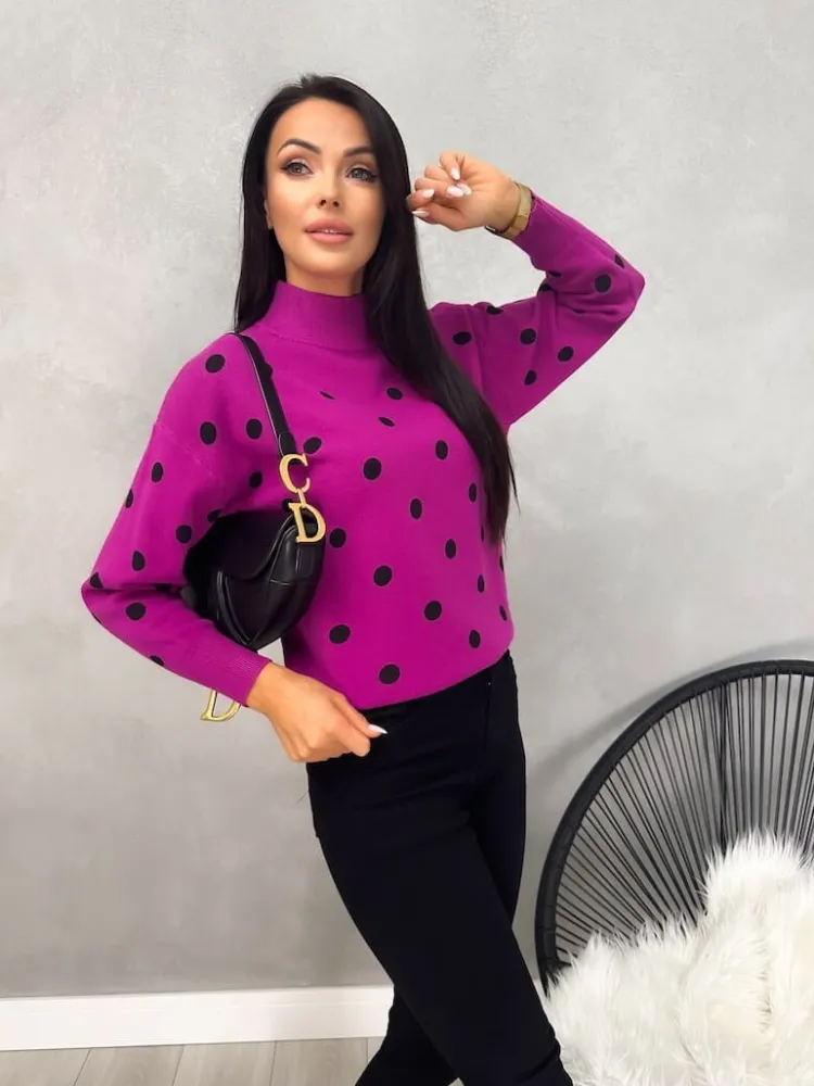 Fioletowy Sweterek w Grochy 12919-118-H|Modna Kiecka Online