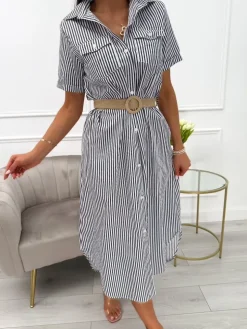 Grafitowo-Biała Sukienka w Paski  13975-102-C|Modna Kiecka Discount