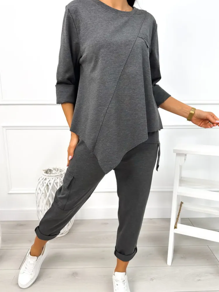 Grafitowy Dresowy Komplet Bluza + Spodnie 12962-178-B|Modna Kiecka Sale
