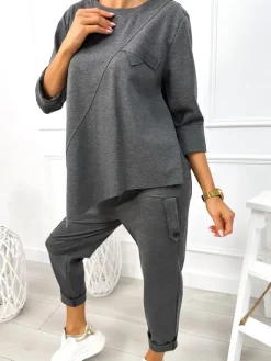 Grafitowy Dresowy Komplet Bluza + Spodnie 12962-178-B|Modna Kiecka Sale