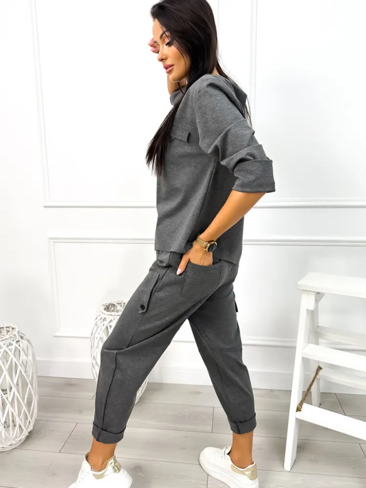 Grafitowy Dresowy Komplet Bluza + Spodnie 12962-178-B|Modna Kiecka Sale