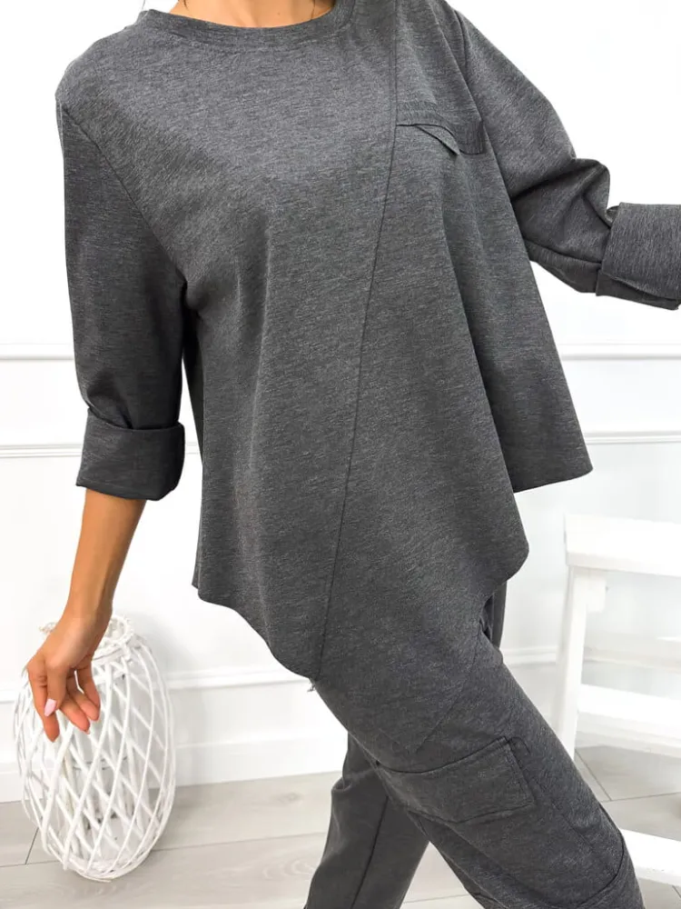 Grafitowy Dresowy Komplet Bluza + Spodnie 12962-178-B|Modna Kiecka Sale