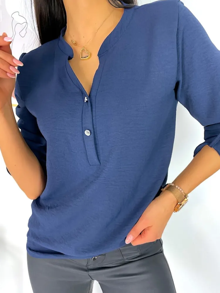 Granatowa Bluzka z Guziczkami 11369-502-C|Modna Kiecka Discount