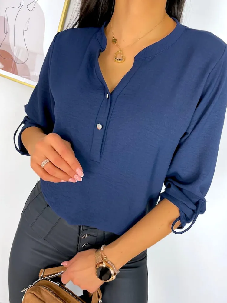 Granatowa Bluzka z Guziczkami 11369-502-C|Modna Kiecka Discount