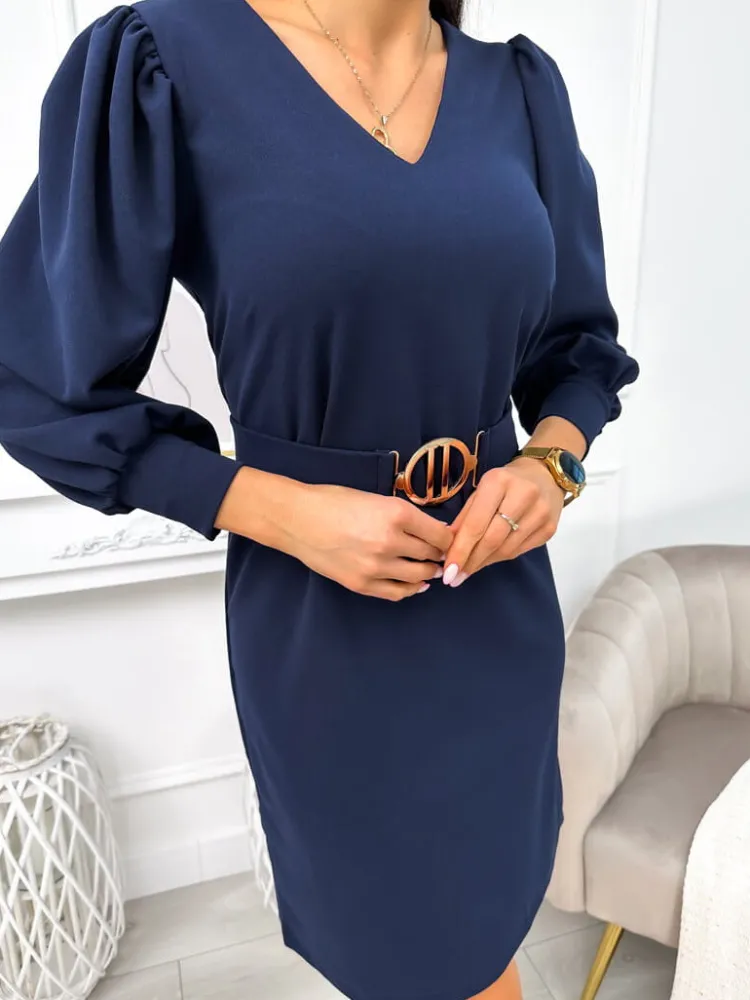 Granatowa Klasyczna Sukienka z Paskiem 11812-154-C|Modna Kiecka Outlet