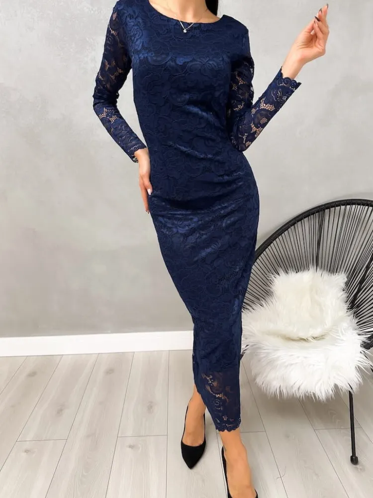Granatowa Koronkowa Sukienka Maxi 13227-184-C|Modna Kiecka New
