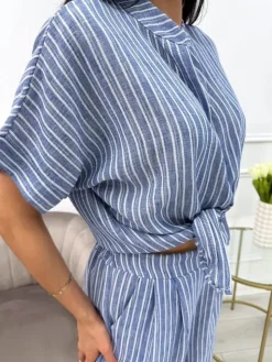 Granatowa Koszula w Paski z Krótkim Rękawem 13856-417-B|Modna Kiecka Discount