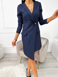Granatowa Marynarkowa Sukienka w Paski 11196-99-D|Modna Kiecka Clearance