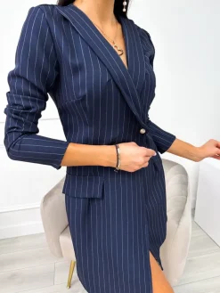 Granatowa Marynarkowa Sukienka w Paski 11196-99-D|Modna Kiecka Clearance