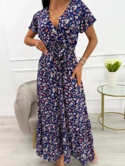 Granatowa Sukienka Maxi w Kwiaty 13924-532-B|Modna Kiecka Hot
