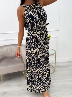 Granatowa Sukienka Maxi w Beżowy Wzór z Paskiem 14019-233-D|Modna Kiecka Fashion