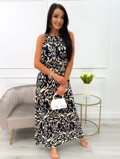 Granatowa Sukienka Maxi w Beżowy Wzór z Paskiem 14019-233-D|Modna Kiecka Fashion