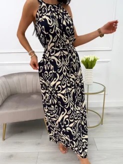 Granatowa Sukienka Maxi w Beżowy Wzór z Paskiem 14019-233-D|Modna Kiecka Fashion