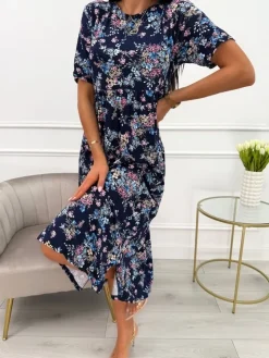Granatowa Sukienka Midi z Motywem Roślinnym 13894-261-Q|Modna Kiecka Discount