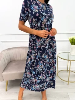 Granatowa Sukienka Midi z Motywem Roślinnym 13894-261-Q|Modna Kiecka Discount