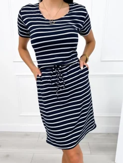 Granatowa Sukienka w Białe Paski z Kieszeniami 12479-316-B|Modna Kiecka Outlet