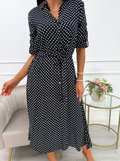Granatowa Sukienka w Grochy z Paskiem 14084-289-A|Modna Kiecka Best