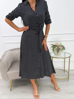 Granatowa Sukienka w Grochy z Paskiem 14084-289-A|Modna Kiecka Best