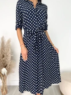 Granatowa Sukienka w Grochy z Paskiem 9477-51-B|Modna Kiecka Best