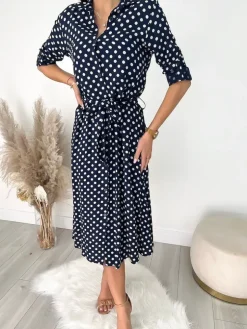 Granatowa Sukienka w Grochy z Paskiem 9477-51-B|Modna Kiecka Best