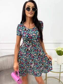Granatowa Sukienka w Kolorowe Kwiatki 13710-103-Q|Modna Kiecka Fashion