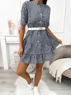 Granatowa Sukienka w Kratkę z Falbanką 11410-190-D|Modna Kiecka Sale