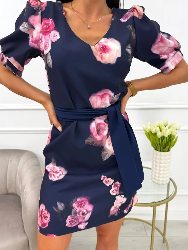 Granatowa Sukienka w Kwiaty z Paseczkiem 13774-204-A|Modna Kiecka Outlet