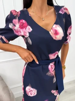 Granatowa Sukienka w Kwiaty z Paseczkiem 13774-204-A|Modna Kiecka Outlet