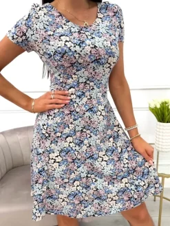 Granatowa Sukienka w Kwiatki 13951-288-Q|Modna Kiecka Sale